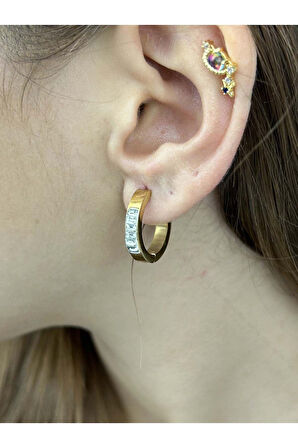 Zirkon Taşlı, Halka Model, Paslanmaz Çelik Küpe 38, Altın Renk