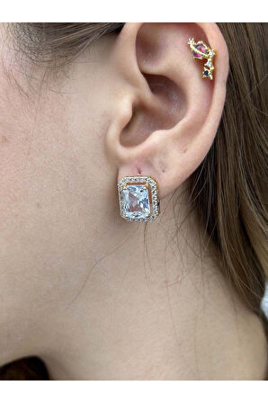 Zirkon Taşlı, Baget Model, Paslanmaz Çelik Küpe 42, Kasa Altın Renk