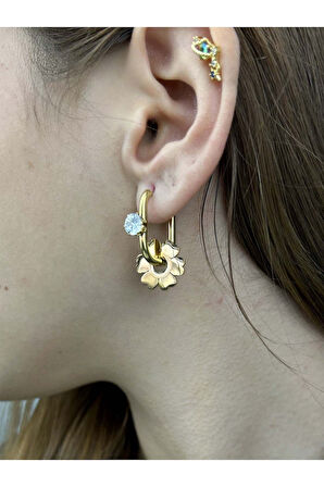 Zirkon Taşlı, Çiçek Figürlü, Paslanmaz Çelik Küpe 77, Altın Renk