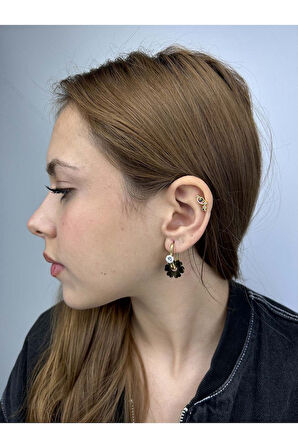 Zirkon Taşlı, Çiçek Figürlü, Paslanmaz Çelik Küpe 77, Altın Renk