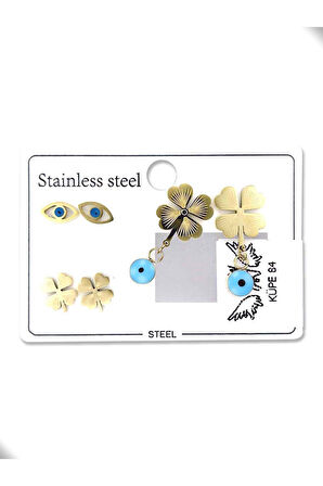 Çoklu Küpe, Yonca, Göz, Paslanmaz Çelik Küpe 84, Altın Renk