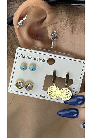 Çoklu Küpe, Göz, Zirkon Taşlı, Hayat Ağacı, Paslanmaz Küpe 111, Altın Renk