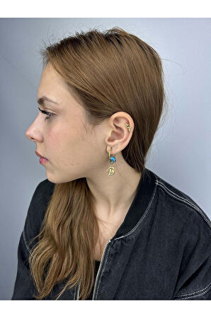 B Harfli, Nazar Boncuklu, Paslanmaz Çelik Küpe 156, Altın Renk