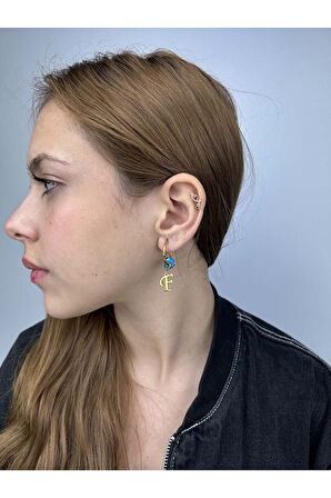 F Harfli, Nazar Boncuklu, Paslanmaz Çelik Küpe 160, Altın Renk