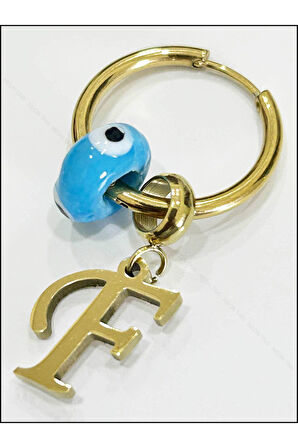 F Harfli, Nazar Boncuklu, Paslanmaz Çelik Küpe 160, Altın Renk