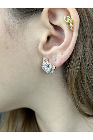 Zirkon Taşlı, Baget, Altın Kaplama Paslanmaz Küpe 253, Pembe (ROSE) Renk