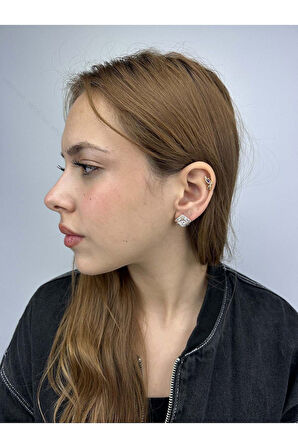 Zirkon Taşlı, Baget, Altın Kaplama Paslanmaz Küpe 253, Pembe (ROSE) Renk