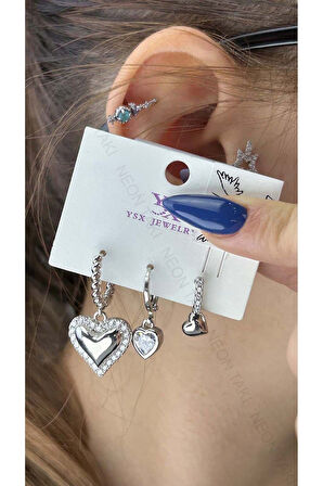 Çoklu Küpe, Zirkon Taşlı, Kalp Figürlü, Sallantılı, Küpe 287, Gümüş Renk