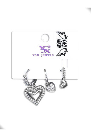 Çoklu Küpe, Zirkon Taşlı, Kalp Figürlü, Sallantılı, Küpe 287, Gümüş Renk