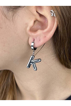 K Harfi, Balon Formlu, Paslanmaz Çelik Küpe 296, Gümüş Renk