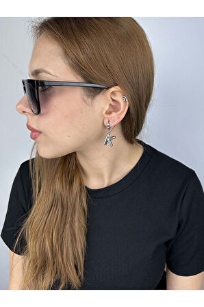 K Harfi, Balon Formlu, Paslanmaz Çelik Küpe 296, Gümüş Renk