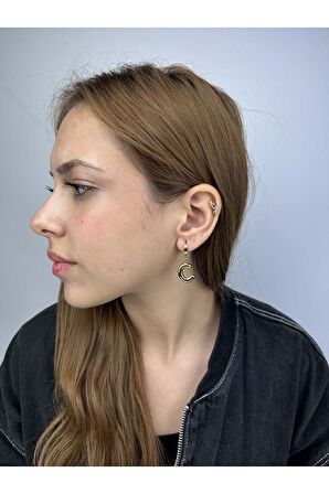 C Harfi, Balon Formlu, Paslanmaz Çelik Küpe 304, Altın Renk