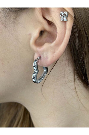 Zirkon Taşlı, Kalp Formlu, Halka Model, Paslanmaz Çelik Küpe 405, Gümüş Renk