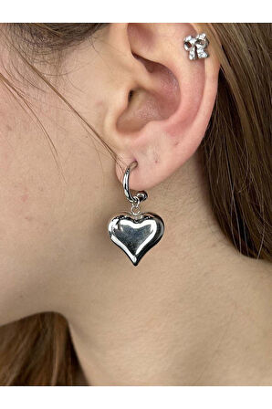 Kalp Sallantılı, Paslanmaz Çelik Küpe 419, Gümüş Renk