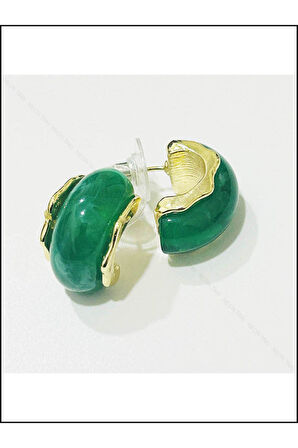 Dik Yarım Halka Küpe 435 Bijuteri, Kasa Altın Renk, Halka Yeşil Ve Beyaz Renk