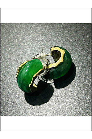 Dik Yarım Halka Küpe 435 Bijuteri, Kasa Altın Renk, Halka Yeşil Ve Beyaz Renk