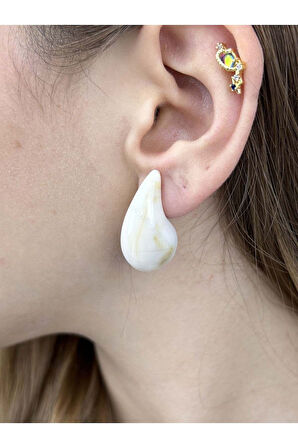 Bej Ve Kahve Mermer Görünümlü, Damla , Küpe 437