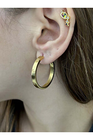 Zirkon Taşlı, Tiff Model, Halka Model, Paslanmaz Çelik Küpe 440, Altın Renk