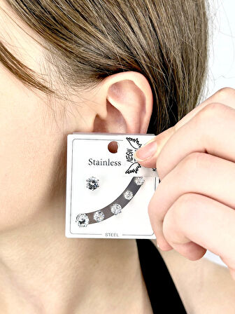 Çoklu, Zirkon Taşlı, Paslanmaz Çelik Küpe 522, Gümüş Renk