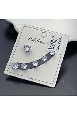 Çoklu, Zirkon Taşlı, Paslanmaz Çelik Küpe 522, Gümüş Renk