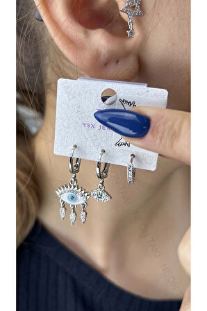 Çoklu Küpe, Zirkon Taşlı, Göz, Yüzeyi Platinyum Çelik Küpe 529, Gümüş Renk