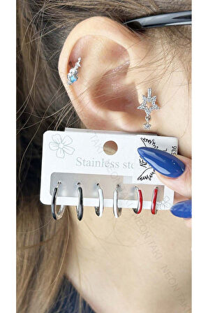 Çoklu Küpe, Çok Renk, Halka Model, Paslanmaz Çelik Küpe 536, Kasa Gümüş Renk