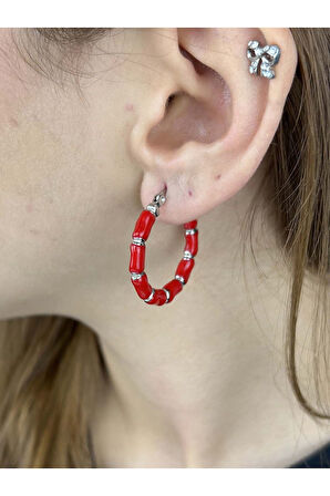 Kırmızı Motifli, Halka Model, Paslanmaz Çelik Küpe 540, Kasa Gümüş Renk