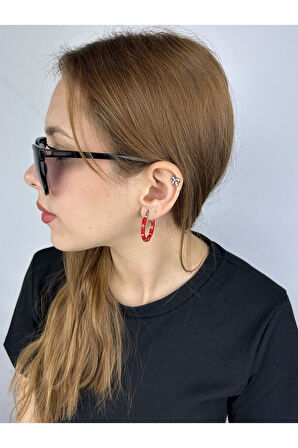 Kırmızı Motifli, Halka Model, Paslanmaz Çelik Küpe 540, Kasa Gümüş Renk