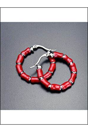 Kırmızı Motifli, Halka Model, Paslanmaz Çelik Küpe 540, Kasa Gümüş Renk