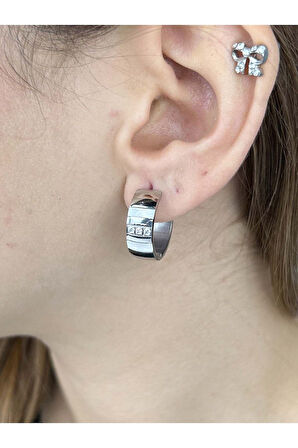 Zirkon Taşlı, Sedefi, Halka Model, Paslanmaz Çelik Küpe 543, Gümüş Renk