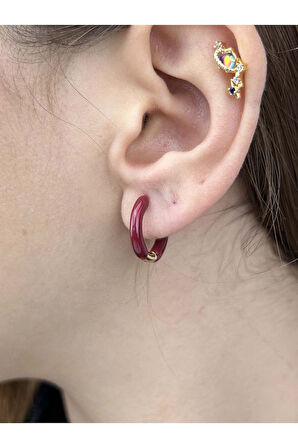 Bordo, Halka Model, Paslanmaz Çelik Küpe 573, Kasa Altın Renk