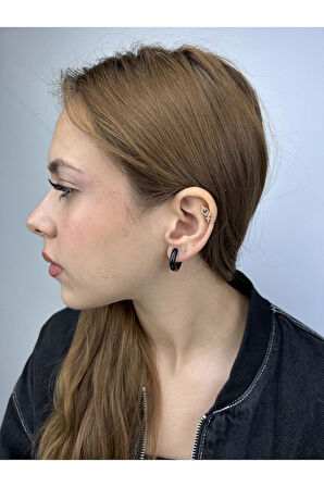 Siyah, Halka Model, Paslanmaz Çelik Küpe 574, Kasa Altın Renk