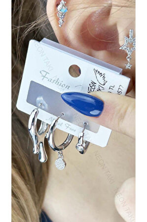 Çoklu Küpe, Zirkon Taşlı, Damlayan Lav Figürlü 577, Gümüş Renk