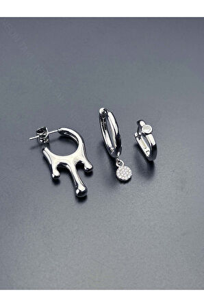 Çoklu Küpe, Zirkon Taşlı, Damlayan Lav Figürlü 577, Gümüş Renk