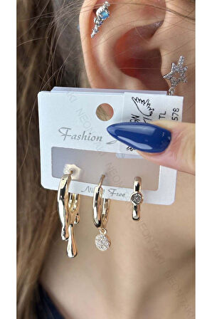 Çoklu Küpe, Zirkon Taşlı, Damlayan Lav Figürlü 578, Altın Renk