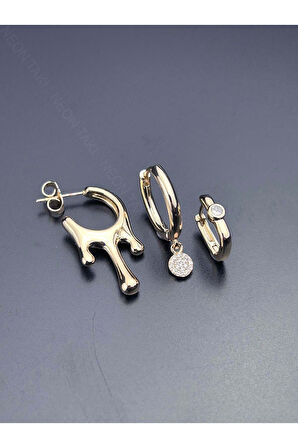 Çoklu Küpe, Zirkon Taşlı, Damlayan Lav Figürlü 578, Altın Renk