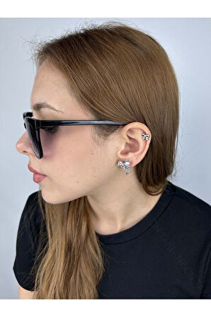 Zirkon Taşlı, Kurdele Figürlü Vip Küpe 596, Gümüş Renk