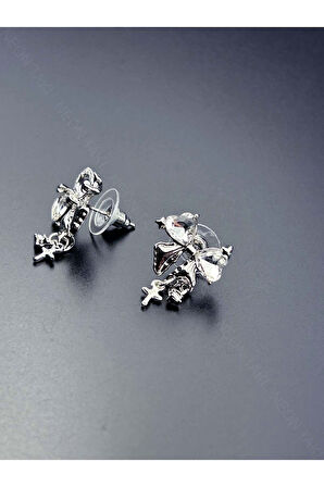 Zirkon Taşlı, Kurdele Figürlü Vip Küpe 596, Gümüş Renk