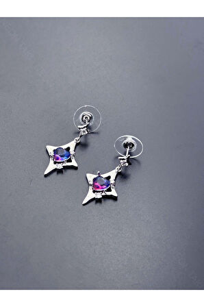 Renkli Taşlı, Kalp Figürlü Kore Tarzı Küpe 598, Gümüş Renk