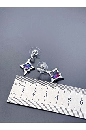 Renkli Taşlı, Kalp Figürlü Kore Tarzı Küpe 598, Gümüş Renk