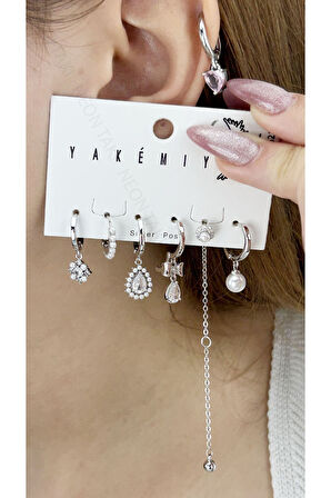 Çoklu, Zirkon Taşlı, Gümüş Pimli, Çelik Küpe 622, Gümüş Renk