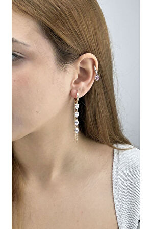 Zirkon Taşlı, Zincirli, Paslanmaz Çelik Küpe 628, Pembe (Rose) Renk