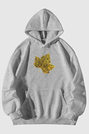 Kuru Yaprak Baskılı Unisex Siyah/Gri Kanguru Cepli Kapüşonlu Sweatshirt Hoodie | XL