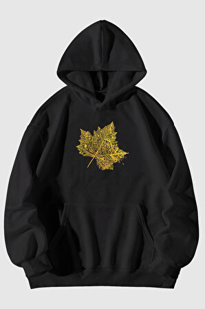 Kuru Yaprak Baskılı Unisex Siyah/Gri Kanguru Cepli Kapüşonlu Sweatshirt Hoodie | S