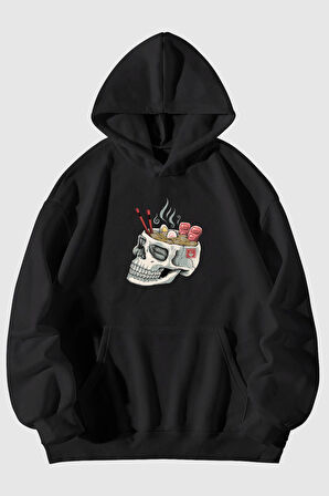 Kurukafa Ramen Baskılı Unisex Siyah Kanguru Cepli Kapüşonlu Sweatshirt Hoodie | S