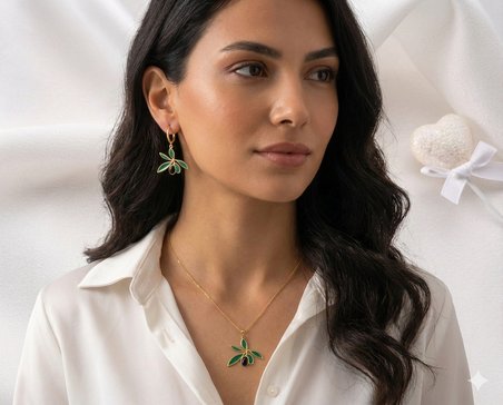 925 Ayar onix taşlı zeytin küpe kolye set.rose.gold.rodaj