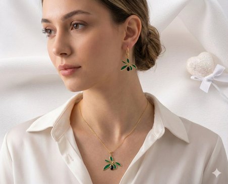 925 Ayar onix taşlı zeytin küpe kolye set.rose.gold.rodaj