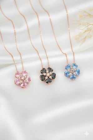 925 Ayar Doğum Taşlı Unutma Beni Çiçeği Kolye.rose.gold.rodaj Unutma 