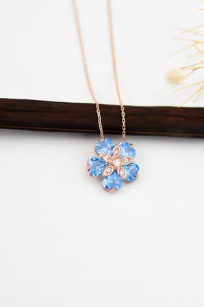925 Ayar Doğum Taşlı Unutma Beni Çiçeği Kolye.rose.gold.rodaj Unutma 