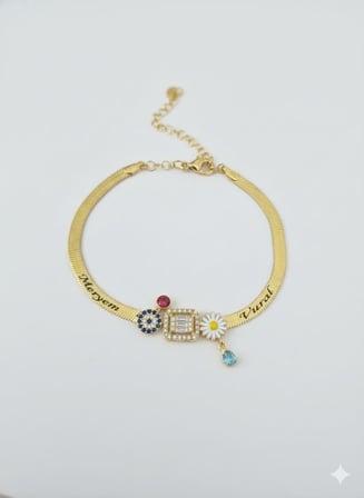 925 Ayar Papatyalı Özel İsimli Doğum Taşlı İtalyan Zincir Bileklik.rose.gold.rodaj